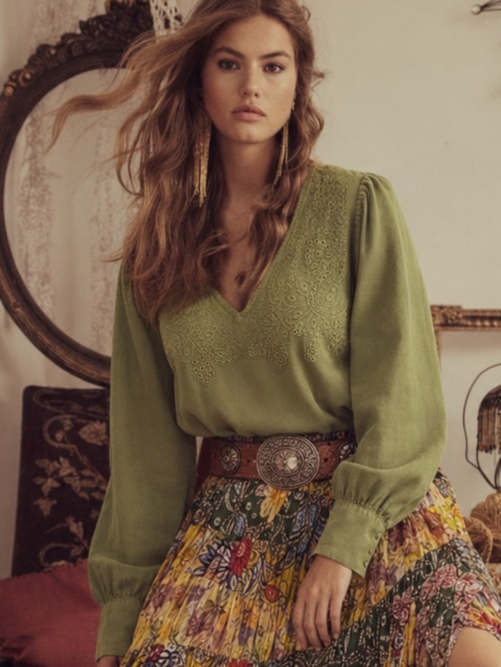 Joie Olive Green Embroidered Boho Blouse Romantic Prairie Western Cottagecore, M